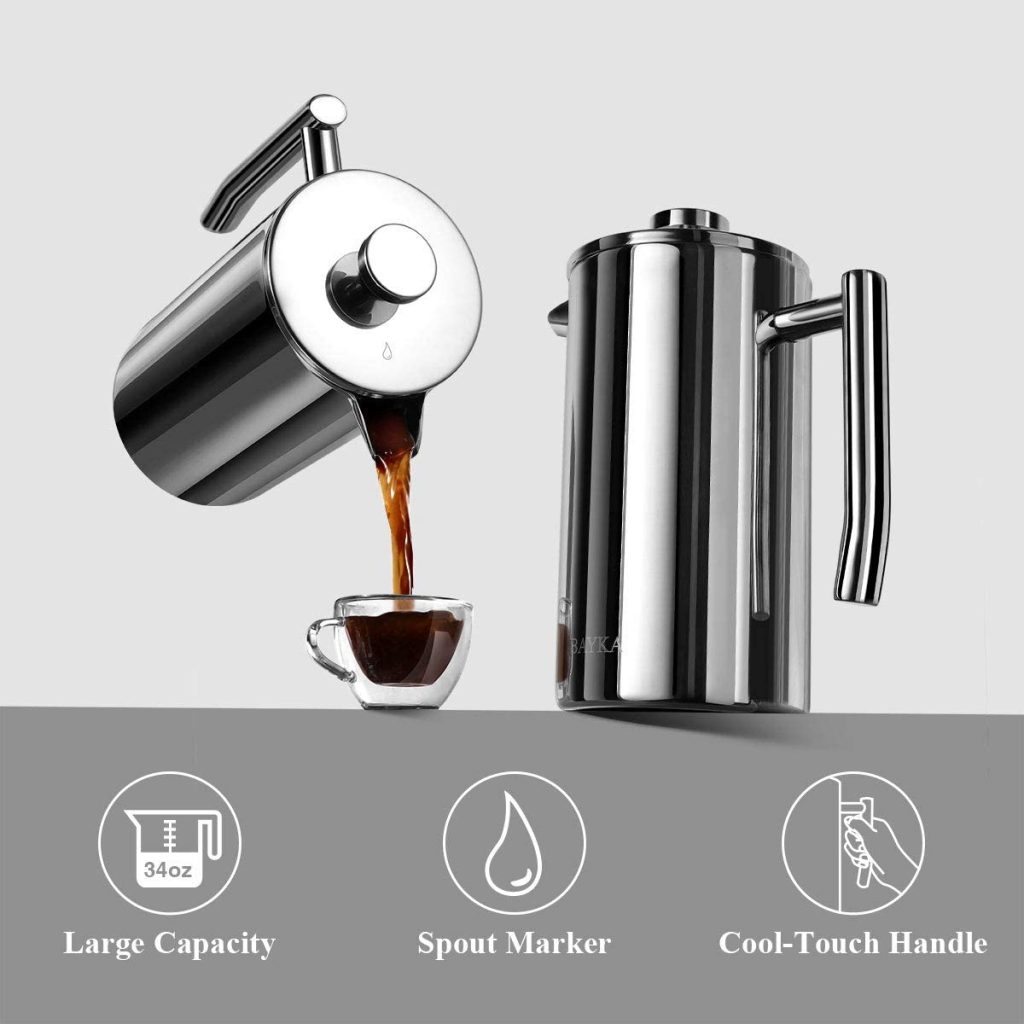  Coffee Gator French Press Coffee Maker - Thermal Insulated  Brewer Plus Travel Jar - Large Capacity, Double Wall Stainless Steel - 34oz  - Gray : Home & Kitchen